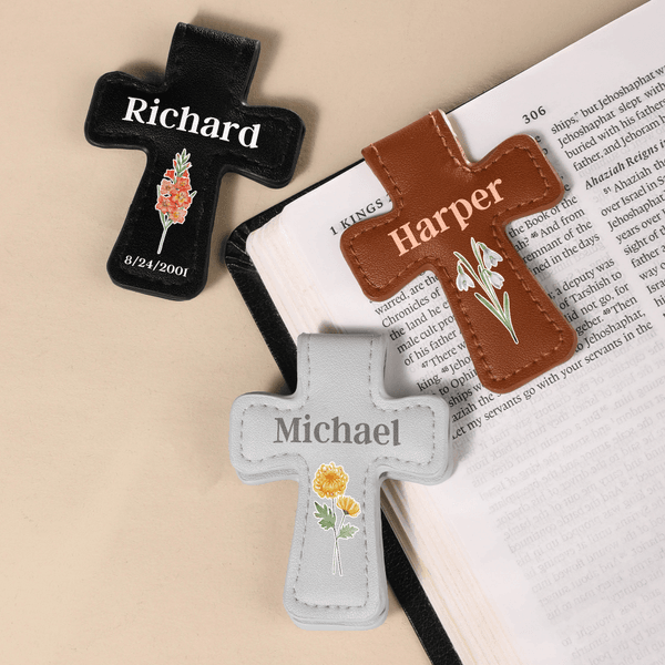 Personalized Birth Flower Cross Shape PU Leather Magnetic Bookmark Clip with Name and Date Bible Study Birthday Gift for Bookworms Christians