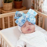 Personalized Toile De Jouy Bow White Hospital Hat with Embroidered Monogram Birthday Baby Shower Gift for Newborns