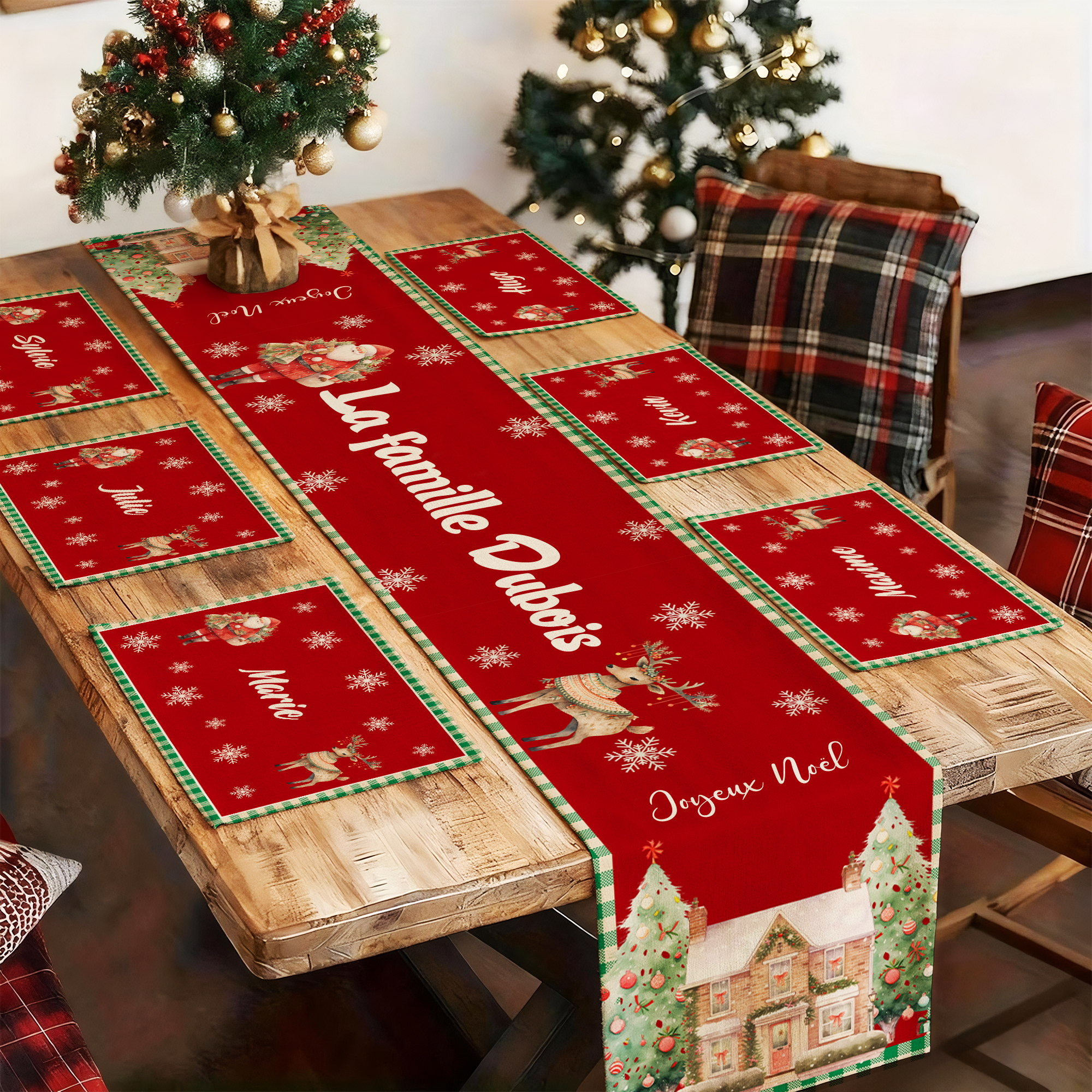 Chemin de Table Personnalisé avec Design de Noël Titre Textes et Noms Set de 4 ou 6 Napperons Inclus Cadeau Fêtes de Fin d'Année pour Famille