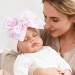 Personalized Toile De Jouy Bow White Hospital Hat with Embroidered Monogram Birthday Baby Shower Gift for Newborns