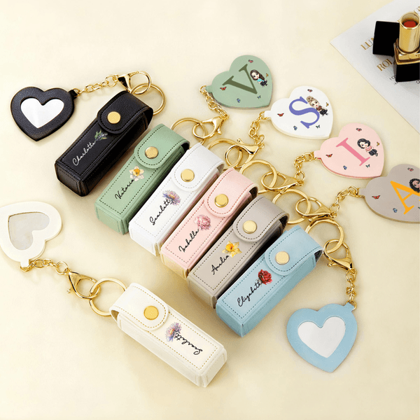 Personalized Cartoon Character Birth Flower Lipstick Case Keychain with Initial Name and Heart-Shaped Mirror Birthday Anniversary Gift for Women