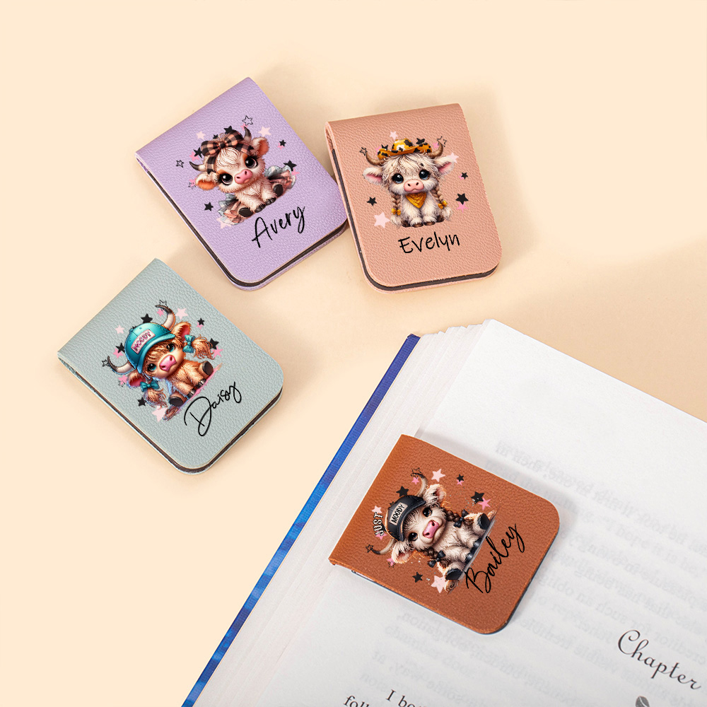 Marque-page magnétique personnalisé en cuir de vache Highland avec nom Fournitures de lecture Cadeau d'anniversaire pour amateur de livres Bookworm