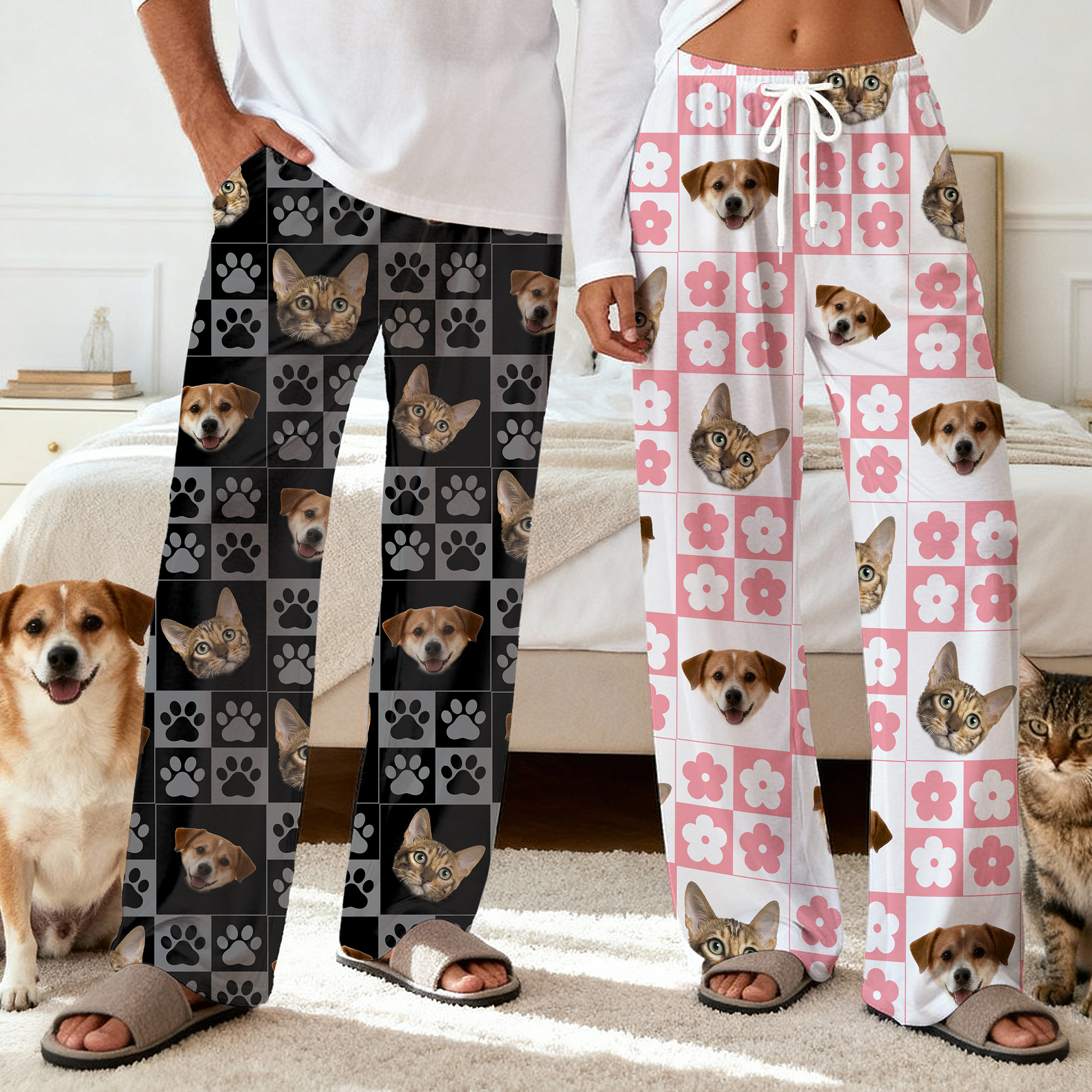 Pantalon de Pyjama Personnalisé avec Photo et Motif à Carreaux Citrouille Cadeau Halloween Noël pour Famille et Amoureux des Animaux