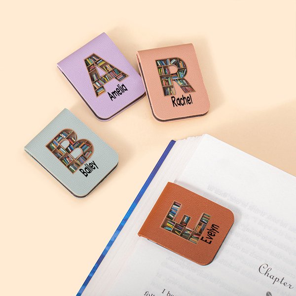 Personalized Bookshelf Initial Magnetic PU Leather Bookmark Clip with Name Birthday Christmas Gift for Book Lovers Bookworms