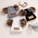 Personalised Two Soft Pom-Poms Beanie Hat with Name Leather Patch Winter Daily Wear Baby Shower Christmas Gift for Baby