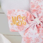 Personalized Toile De Jouy Bow White Hospital Hat with Embroidered Monogram Birthday Baby Shower Gift for Newborns