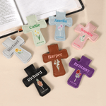 Personalized Birth Flower Cross Shape PU Leather Magnetic Bookmark Clip with Name and Date Bible Study Birthday Gift for Bookworms Christians