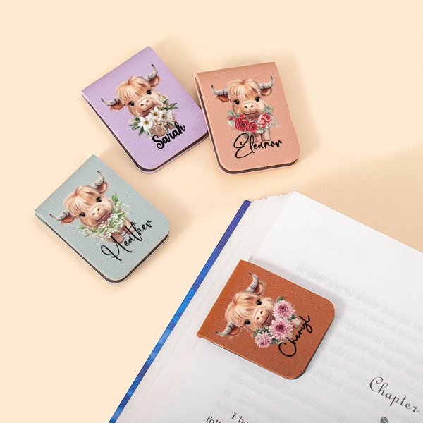 Personalised Highland Cow Birth Flower Magnetic Leather Bookmark Clip with Name Birthday Gift for Highland Cow Lovers