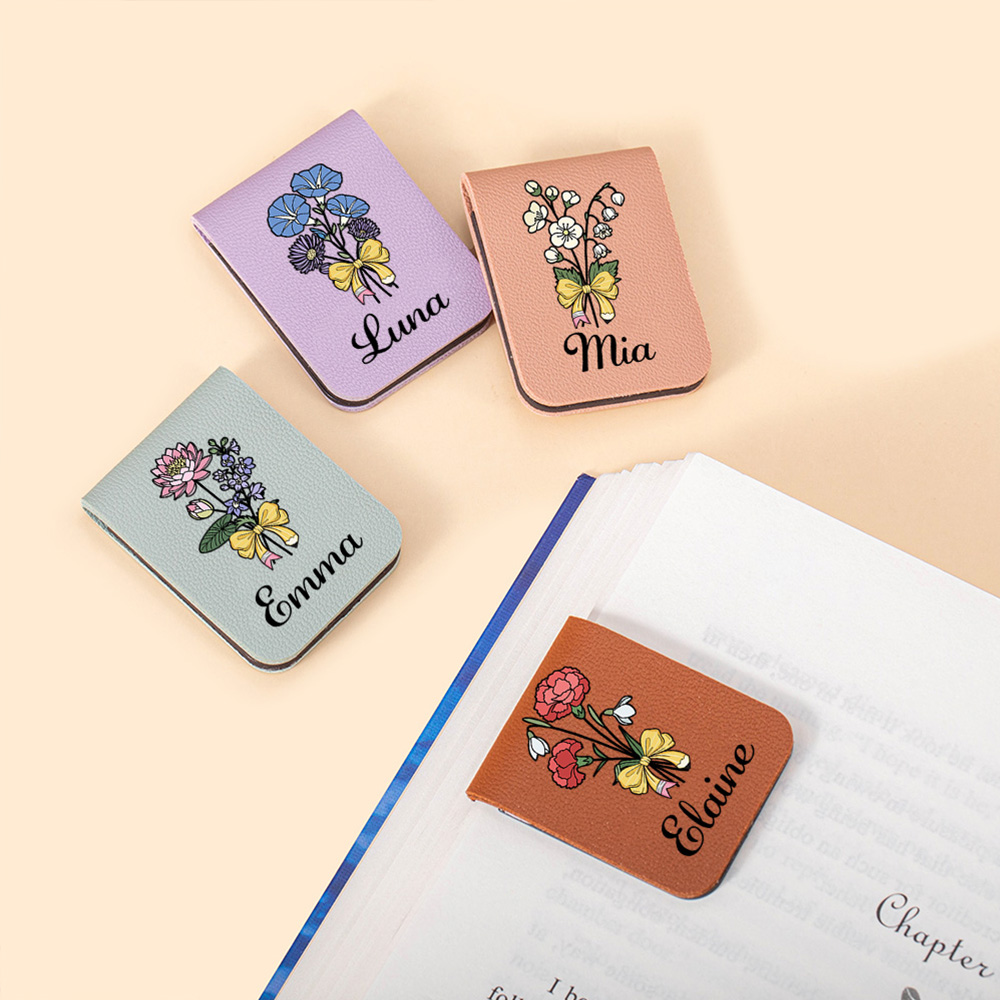 Crayon personnalisé nœud fleur de naissance Multicolore Clip signet magnétique en cuir PU avec nom Anniversaire Retour à l'école Cadeau pour enseignants Bookworm
