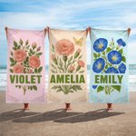 Personalized Birth Flower Oversized Quick Dry Microfiber Beach Towel with Name Travel Essentials Birthday Gift for Family