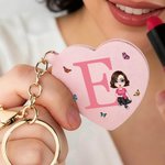 Personalized Cartoon Character Birth Flower Lipstick Case Keychain with Initial Name and Heart-Shaped Mirror Birthday Anniversary Gift for Women