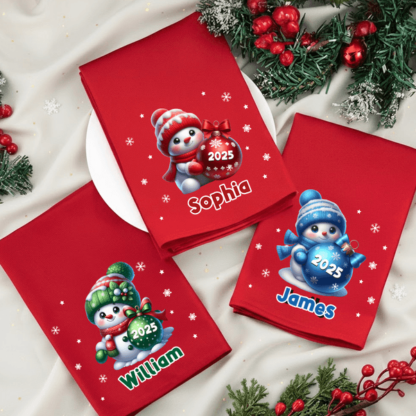Personalized Christmas Snowman 100% Cotton Reusable Table Napkin with Name and Year Table Decor Christmas Gift for Family Friends