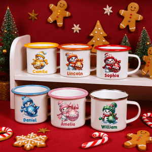 Personalised Cute Christmas Snowman Multicolor 12 oz Enamel Mug with Name and Year Christmas Gift for Family Kids
