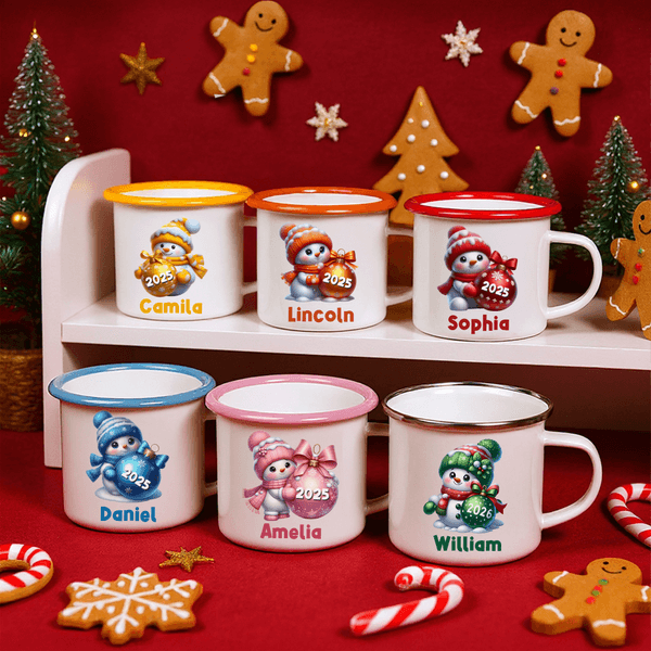 Personalized Cute Christmas Snowman Multicolour 12 oz Enamel Mug with Name and Year Christmas Gift for Family Kids