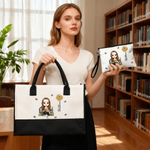Personalised Cartoon Reading Character Large Tote Bag Portable Makeup Bag with Birth Flower and Name Travel Accessories Birthday Gift for Women Girls