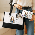 Personalised Cartoon Reading Character Large Tote Bag Portable Makeup Bag with Birth Flower and Name Travel Accessories Birthday Gift for Women Girls