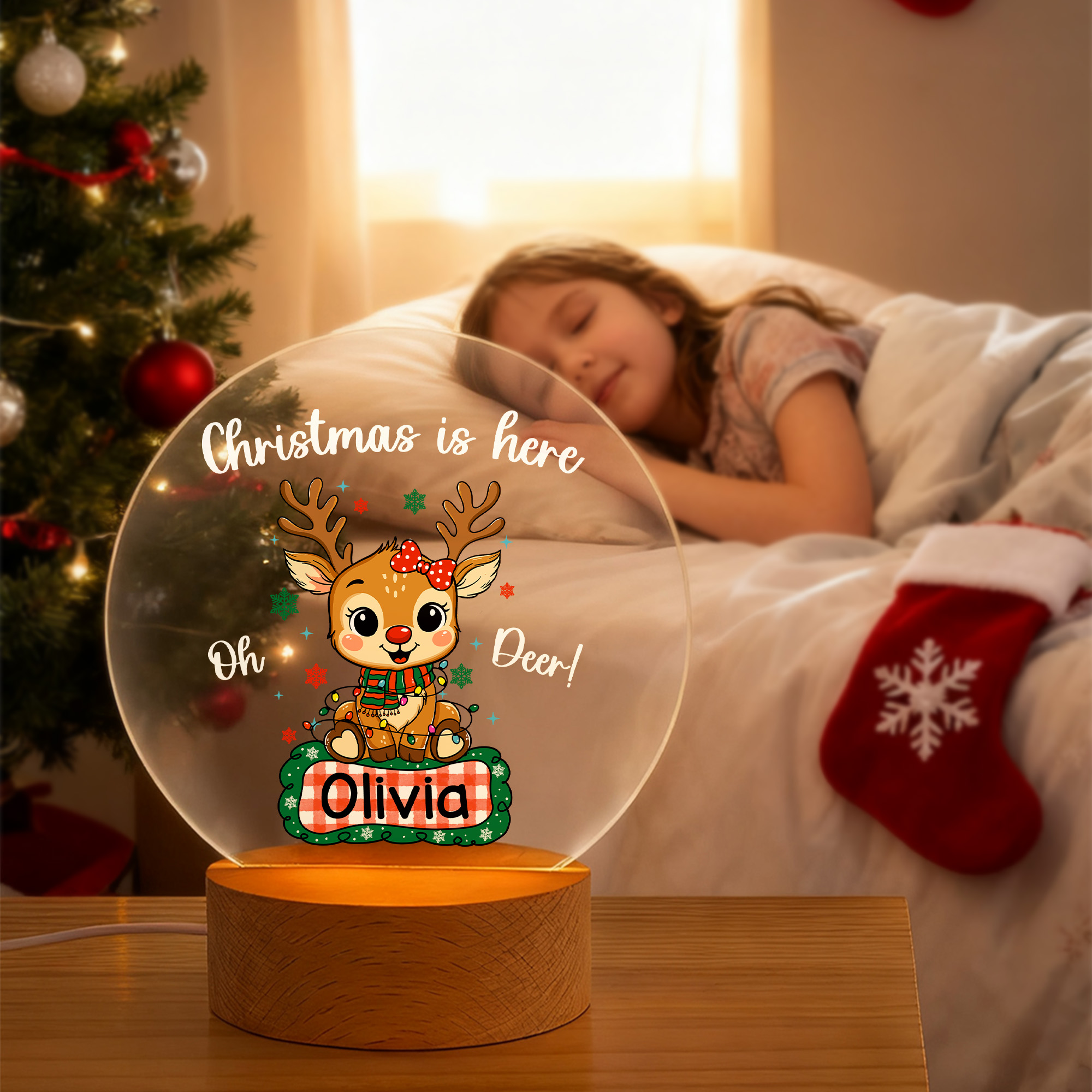 Veilleuse LED personnalisée en forme de cerf de Noël avec base en bois et nom Décoration de la chambre d'enfant Cadeau d'anniversaire et de vacances pour les enfants