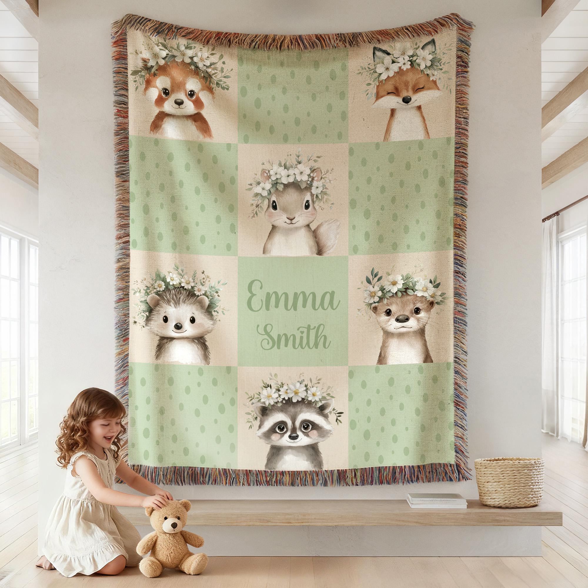 Couverture à pompons personnalisée avec le nom de l'enfant Cadeau d'anniversaire pour les enfants Famille