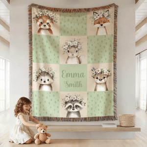 Personalised Cute Wreath Animal Patchwork Multicolor Soft Tassel Blanket with Name Home Decor Birthday Gift for Kids Family