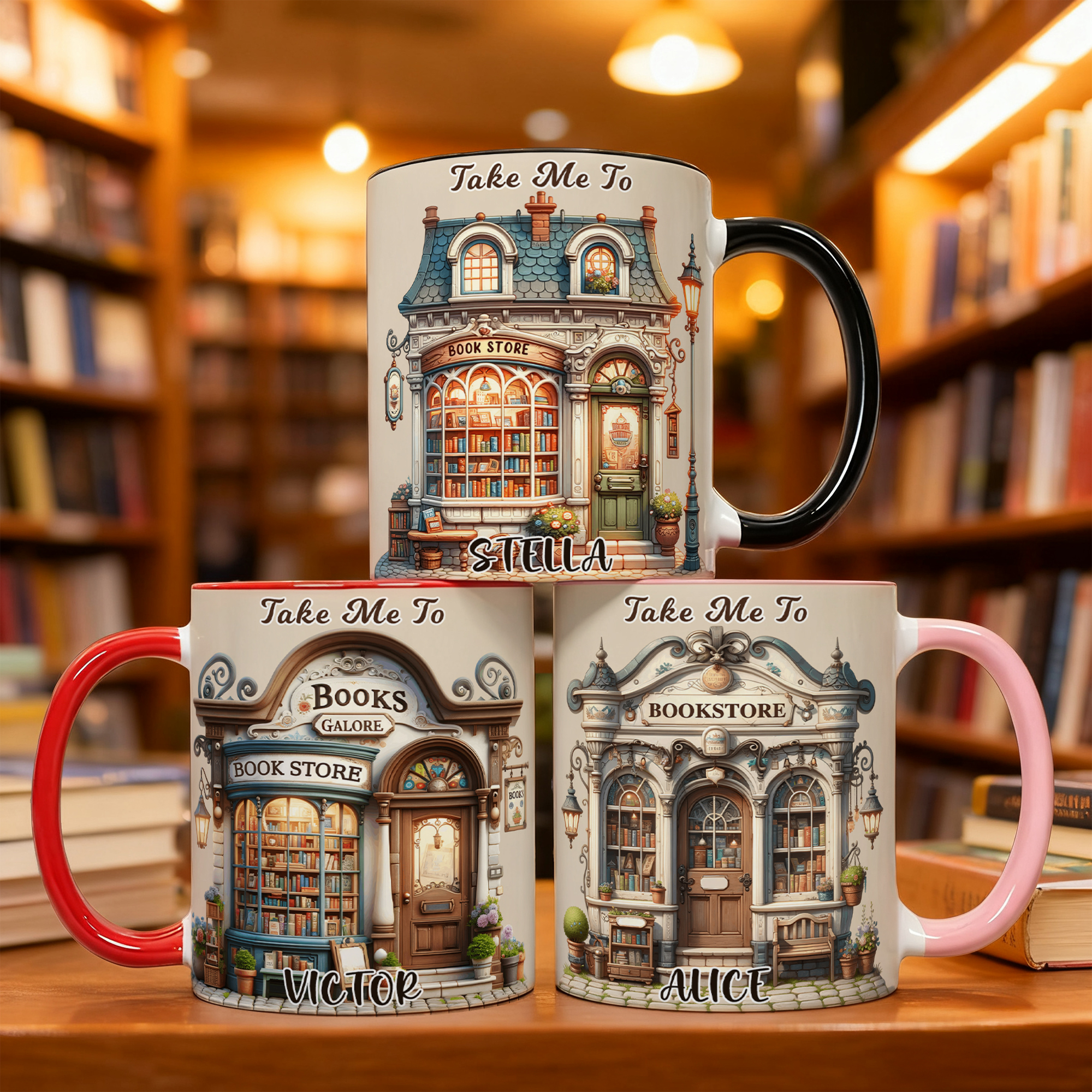 Tasse en céramique personnalisée Take Me To Bookstore 11 oz 15 oz avec nom Anniversaire Cadeau de Noël pour les amoureux des livres Bookworms