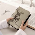 Personalized Buck Deer Name PU Leather Bible Book Cover with Zipper and Carry Handle Baptism Religious Day Gift for Christians Prayers