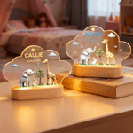 Personalised Cute Elephant Rabbit Giraffe Cloud Style Acrylic LED Night Light with Name Text and Wooden Base Nursery Decor Birthday Gift for Kids