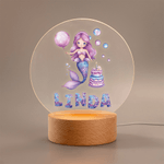Personalized Fantasy Mermaid Cake LED Night Light with Wooden Base and Name Nursery Room Decor Birthday Gift for Girls Kids