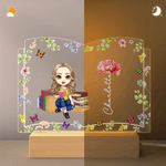 Personalized Cartoon Reading Character Book-Shaped Name LED Night Light with Birth Flower and Wooden Base Home Decor Birthday Gift for Reading Lovers