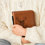 Personalized Buck Deer Name PU Leather Bible Book Cover with Zipper and Carry Handle Baptism Religious Day Gift for Christians Prayers