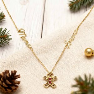 Personalised Gingerbread Man Necklace with Birthstone and Text Christmas Birthday Anniversary Gift for Women