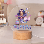 Personalized Fantasy Mermaid Cake LED Night Light with Wooden Base and Name Nursery Room Decor Birthday Gift for Girls Kids