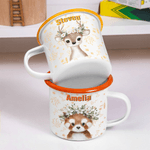 Personalised Cartoon Wreath Deer Bear Animals 12 oz Colored Rim Enamel Mug with Name Daily Use Christmas Birthday Gift for Boys and Girls