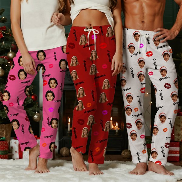 Personalized Face Photo Soft Skin-Friendly Pajama Pants with Name and Drawstring Waistband Halloween Christmas Birthday Gift for Family Friends