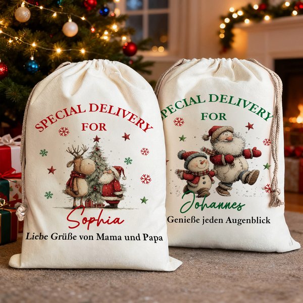 Personalisierter Canvas Weihnachtssack Geschenktüte mit Namen Wunschspruche Weihnachtsmann und Seiner Freunden Weihnachten Geschenk für Kinder Familie