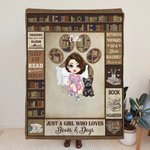 Just A Girl Who Loves Books & Dogs - Personalised Cartoon Character & Dog Soft Throw Blanket - Gift for Women Pet Lovers Booksworm
