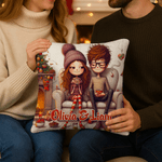 Personalized Christmas Couple Cartoon Characters Throw Pillow Cover with Name Home Decor Christmas Birthday Gift for Couple Wife Husband