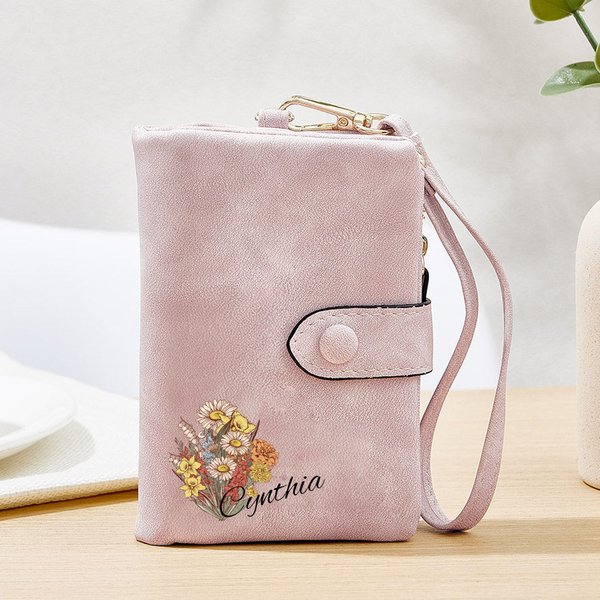 Gepersonaliseerde Geboorte Bloemen Boeket Drieluik Leren Portemonnee Verjaardag Moederdag Kerstcadeau voor Mama Oma