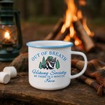 Personalized Out of Breath Hiking Society Raccoon 12 oz Enamel Mug with Name Hiking Outdoor Activity Gift for Nature Lover Adventure