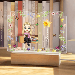 Personalized Cartoon Reading Character Book-Shaped Name LED Night Light with Birth Flower and Wooden Base Home Decor Birthday Gift for Reading Lovers