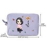 Personalized Birth Flower Cartoon Character Multicolour Stripes Makeup Bag with Name and Zipper Travel Essentials Birthday Gift for Women