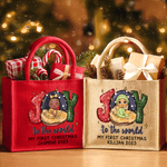Personalizada Joy To the World Mi primera Navidad Diseño de dibujos animados de bebé Bolsa de yute grande con texto Regalo de Navidad para la familia Recién nacido