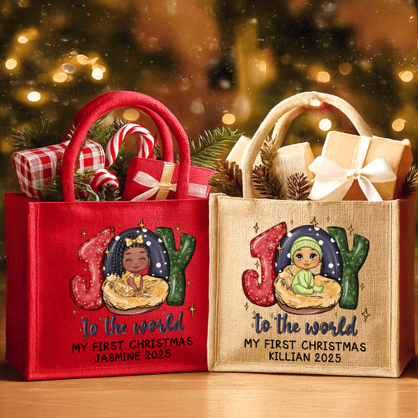 Personalizada Joy To the World Mi primera Navidad Diseño de dibujos animados de bebé Bolsa de yute grande con texto Regalo de Navidad para la familia Recién nacido