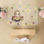 Personalized Cartoon Reading Character Book-Shaped Name LED Night Light with Birth Flower and Wooden Base Home Decor Birthday Gift for Reading Lovers
