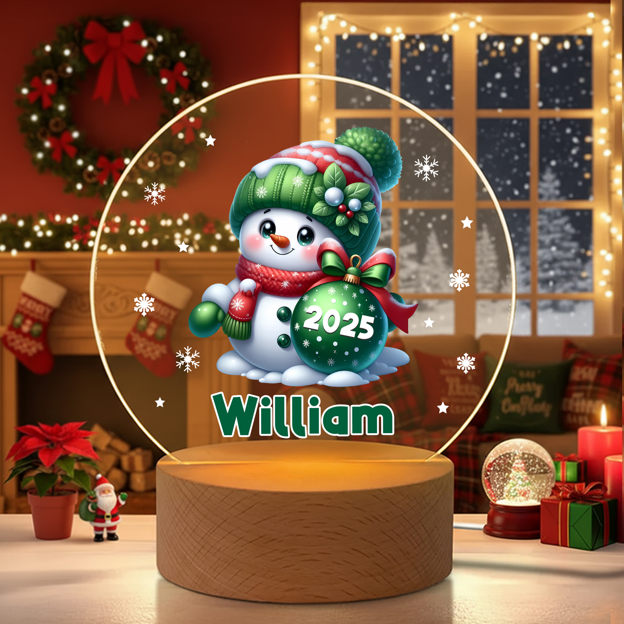 Veilleuse LED personnalisée en acrylique avec nom de l'année et base en bois Cadeau de Noël pour les enfants