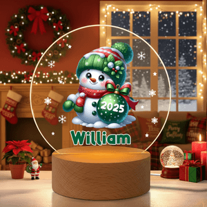 Personalised Cute Snowman Snowflake Acrylic LED Night Light with Name Year and Wooden Base Christmas Gift for Kids