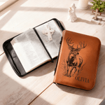 Personalized Buck Deer Name PU Leather Bible Book Cover with Zipper and Carry Handle Baptism Religious Day Gift for Christians Prayers