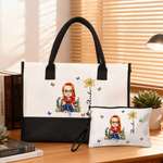 Personalised Cartoon Reading Character Large Tote Bag Portable Makeup Bag with Birth Flower and Name Travel Accessories Birthday Gift for Women Girls