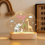 Personalised Cute Elephant Rabbit Giraffe Cloud Style Acrylic LED Night Light with Name Text and Wooden Base Nursery Decor Birthday Gift for Kids