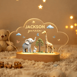 Personalised Cute Elephant Rabbit Giraffe Cloud Style Acrylic LED Night Light with Name Text and Wooden Base Nursery Decor Birthday Gift for Kids