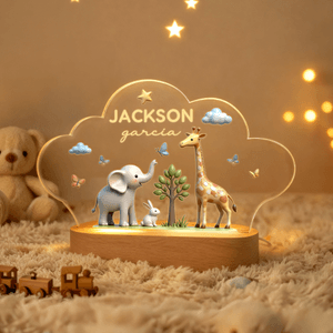 Personalised Cute Elephant Rabbit Giraffe Cloud Style Acrylic LED Night Light with Name Text and Wooden Base Nursery Decor Birthday Gift for Kids
